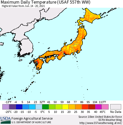 Japan Maximum Daily Temperature (USAF 557th WW) Thematic Map For 6/14/2021 - 6/20/2021