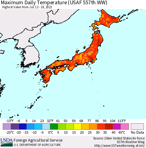 Japan Maximum Daily Temperature (USAF 557th WW) Thematic Map For 7/12/2021 - 7/18/2021