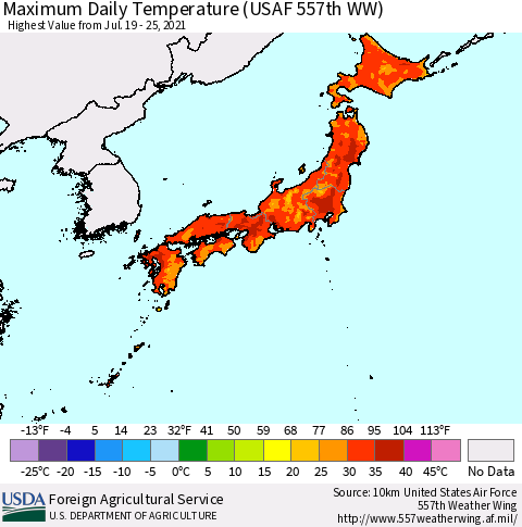 Japan Maximum Daily Temperature (USAF 557th WW) Thematic Map For 7/19/2021 - 7/25/2021