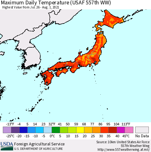 Japan Maximum Daily Temperature (USAF 557th WW) Thematic Map For 7/26/2021 - 8/1/2021