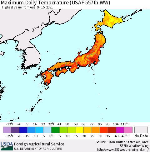 Japan Maximum Daily Temperature (USAF 557th WW) Thematic Map For 8/9/2021 - 8/15/2021