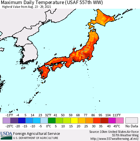 Japan Maximum Daily Temperature (USAF 557th WW) Thematic Map For 8/23/2021 - 8/29/2021