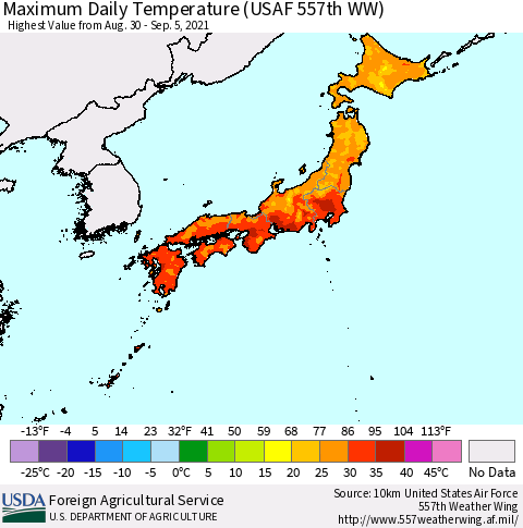 Japan Maximum Daily Temperature (USAF 557th WW) Thematic Map For 8/30/2021 - 9/5/2021