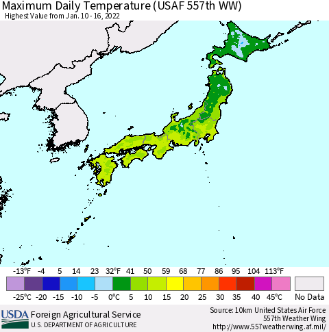 Japan Maximum Daily Temperature (USAF 557th WW) Thematic Map For 1/10/2022 - 1/16/2022