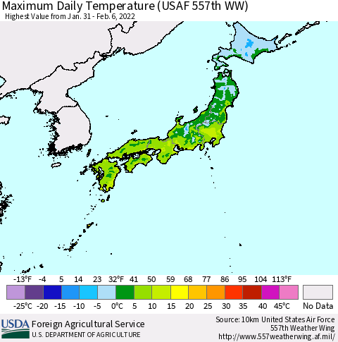 Japan Maximum Daily Temperature (USAF 557th WW) Thematic Map For 1/31/2022 - 2/6/2022