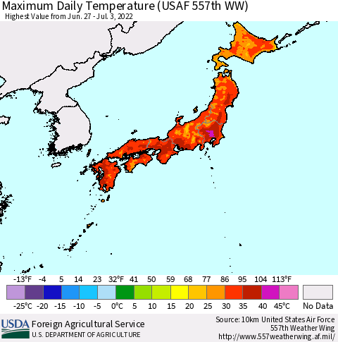 Japan Maximum Daily Temperature (USAF 557th WW) Thematic Map For 6/27/2022 - 7/3/2022