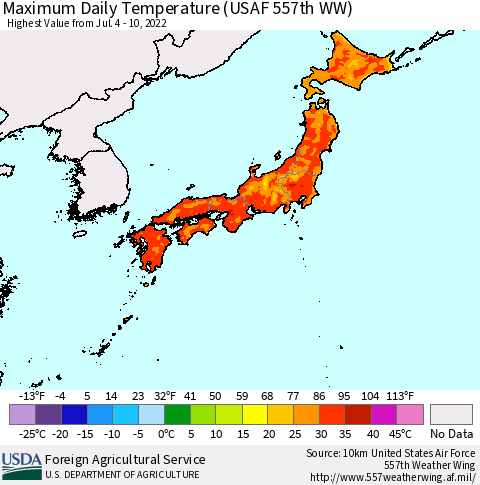 Japan Maximum Daily Temperature (USAF 557th WW) Thematic Map For 7/4/2022 - 7/10/2022