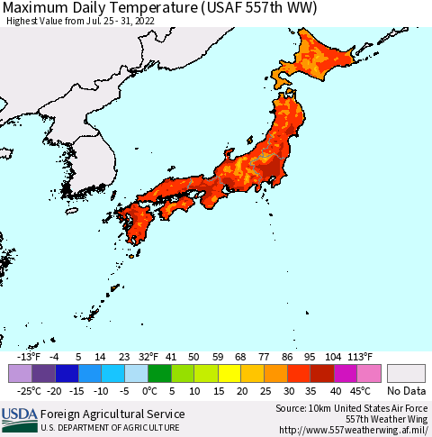 Japan Maximum Daily Temperature (USAF 557th WW) Thematic Map For 7/25/2022 - 7/31/2022