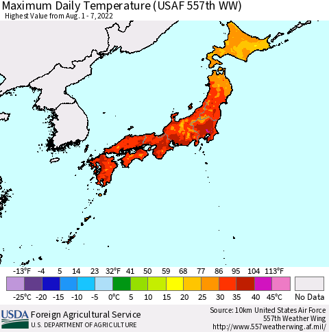 Japan Maximum Daily Temperature (USAF 557th WW) Thematic Map For 8/1/2022 - 8/7/2022