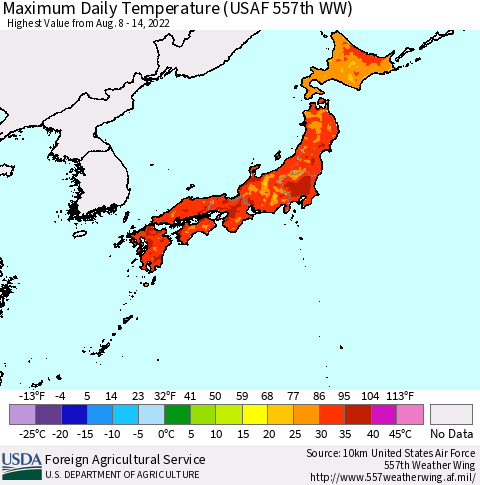 Japan Maximum Daily Temperature (USAF 557th WW) Thematic Map For 8/8/2022 - 8/14/2022