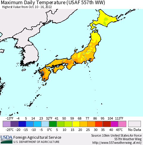 Japan Maximum Daily Temperature (USAF 557th WW) Thematic Map For 10/10/2022 - 10/16/2022
