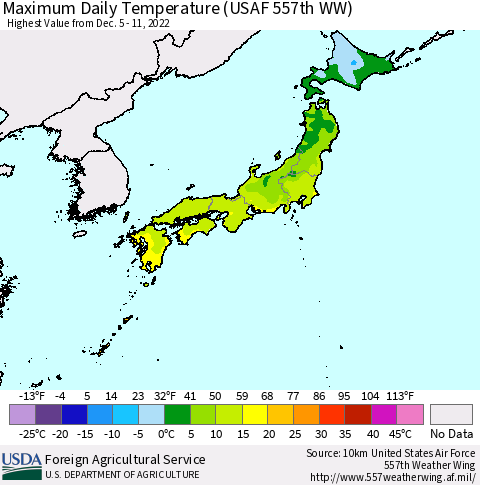 Japan Maximum Daily Temperature (USAF 557th WW) Thematic Map For 12/5/2022 - 12/11/2022