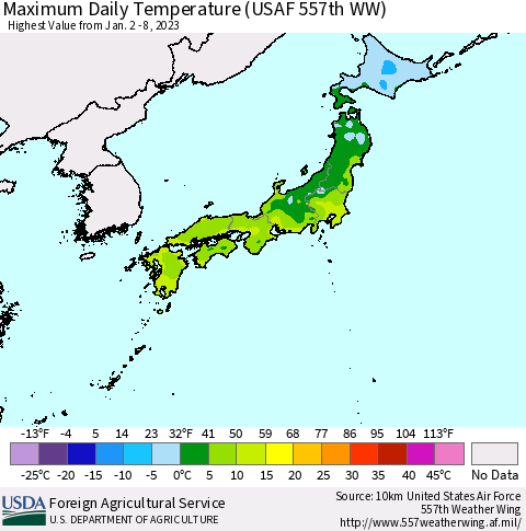 Japan Maximum Daily Temperature (USAF 557th WW) Thematic Map For 1/2/2023 - 1/8/2023