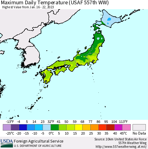 Japan Maximum Daily Temperature (USAF 557th WW) Thematic Map For 1/16/2023 - 1/22/2023