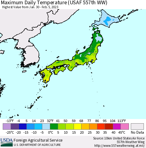 Japan Maximum Daily Temperature (USAF 557th WW) Thematic Map For 1/30/2023 - 2/5/2023