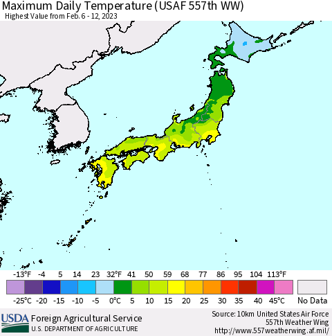 Japan Maximum Daily Temperature (USAF 557th WW) Thematic Map For 2/6/2023 - 2/12/2023