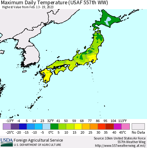 Japan Maximum Daily Temperature (USAF 557th WW) Thematic Map For 2/13/2023 - 2/19/2023