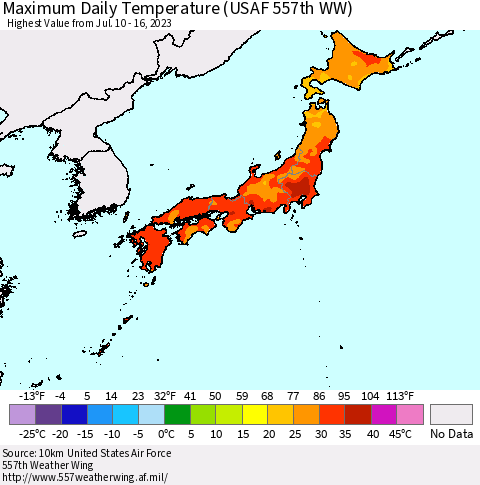 Japan Maximum Daily Temperature (USAF 557th WW) Thematic Map For 7/10/2023 - 7/16/2023