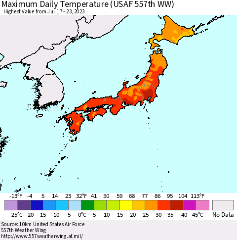 Japan Maximum Daily Temperature (USAF 557th WW) Thematic Map For 7/17/2023 - 7/23/2023
