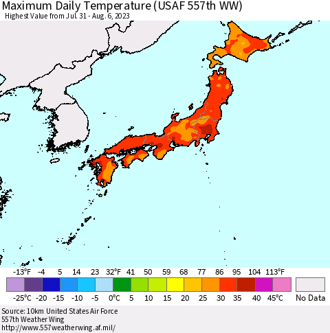 Japan Maximum Daily Temperature (USAF 557th WW) Thematic Map For 7/31/2023 - 8/6/2023