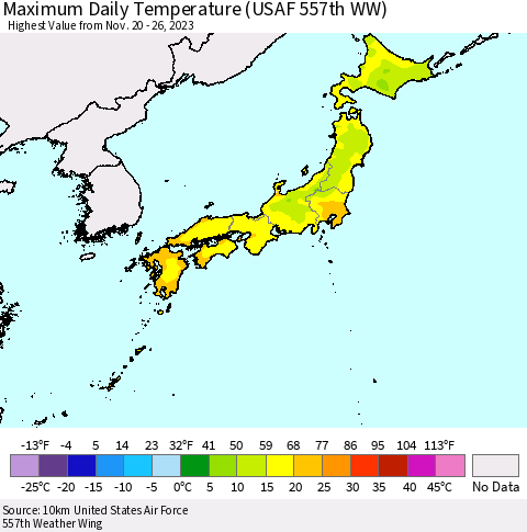 Japan Maximum Daily Temperature (USAF 557th WW) Thematic Map For 11/20/2023 - 11/26/2023