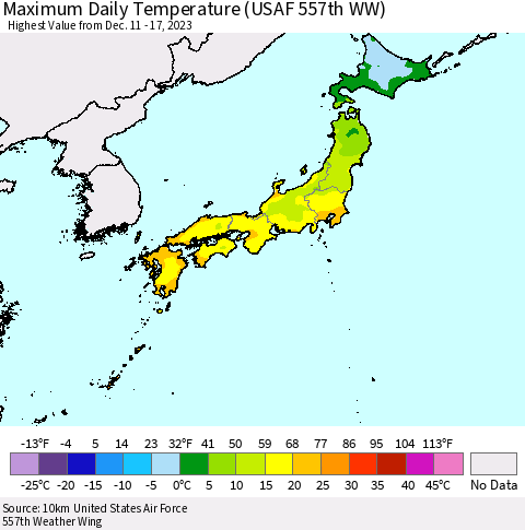 Japan Maximum Daily Temperature (USAF 557th WW) Thematic Map For 12/11/2023 - 12/17/2023