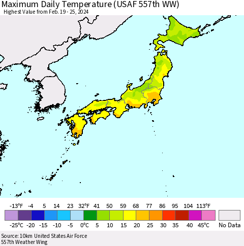 Japan Maximum Daily Temperature (USAF 557th WW) Thematic Map For 2/19/2024 - 2/25/2024