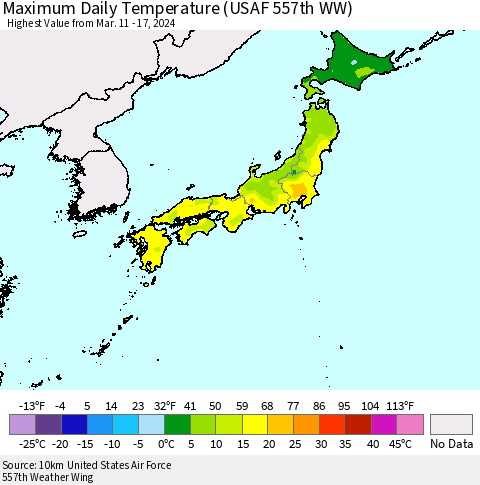 Japan Maximum Daily Temperature (USAF 557th WW) Thematic Map For 3/11/2024 - 3/17/2024