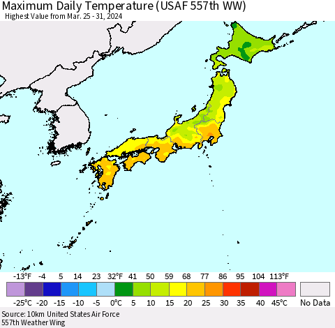 Japan Maximum Daily Temperature (USAF 557th WW) Thematic Map For 3/25/2024 - 3/31/2024