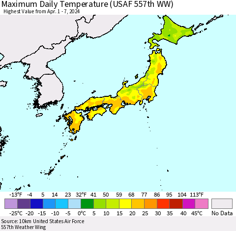 Japan Maximum Daily Temperature (USAF 557th WW) Thematic Map For 4/1/2024 - 4/7/2024