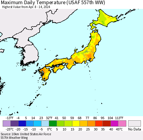 Japan Maximum Daily Temperature (USAF 557th WW) Thematic Map For 4/8/2024 - 4/14/2024