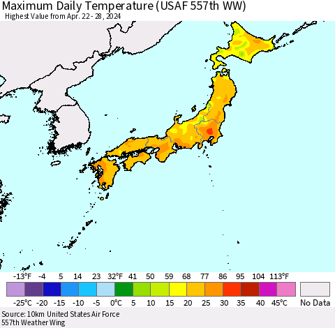 Japan Maximum Daily Temperature (USAF 557th WW) Thematic Map For 4/22/2024 - 4/28/2024