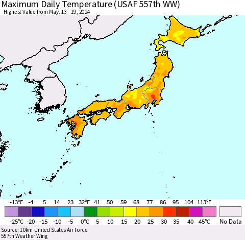 Japan Maximum Daily Temperature (USAF 557th WW) Thematic Map For 5/13/2024 - 5/19/2024