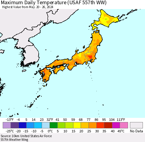Japan Maximum Daily Temperature (USAF 557th WW) Thematic Map For 5/20/2024 - 5/26/2024