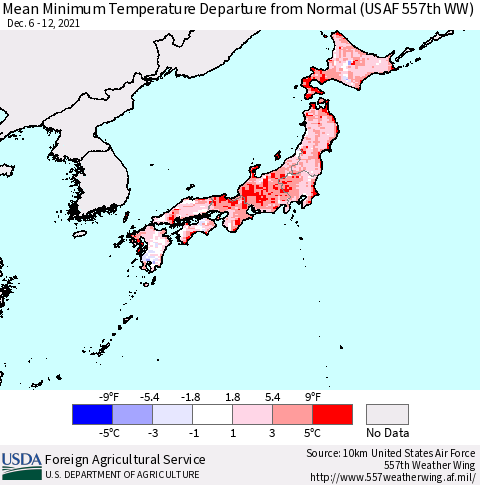 Japan Mean Minimum Temperature Departure from Normal (USAF 557th WW) Thematic Map For 12/6/2021 - 12/12/2021