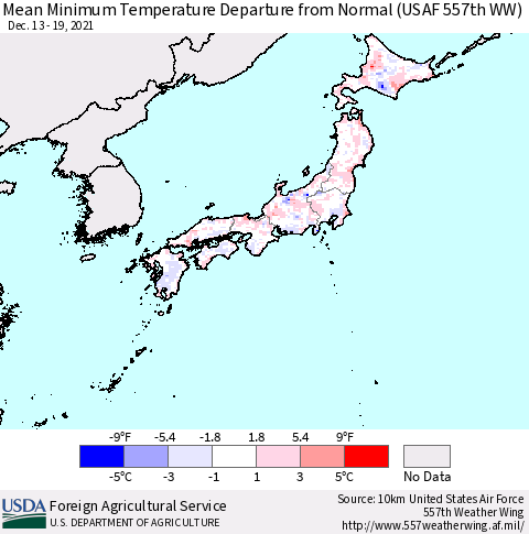 Japan Mean Minimum Temperature Departure from Normal (USAF 557th WW) Thematic Map For 12/13/2021 - 12/19/2021