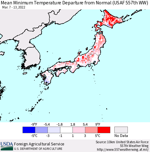 Japan Mean Minimum Temperature Departure from Normal (USAF 557th WW) Thematic Map For 3/7/2022 - 3/13/2022