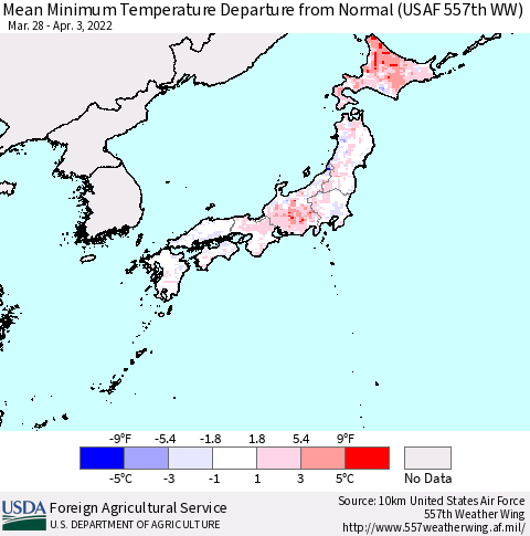 Japan Mean Minimum Temperature Departure from Normal (USAF 557th WW) Thematic Map For 3/28/2022 - 4/3/2022