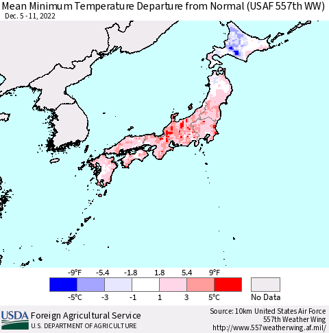 Japan Mean Minimum Temperature Departure from Normal (USAF 557th WW) Thematic Map For 12/5/2022 - 12/11/2022