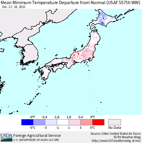 Japan Mean Minimum Temperature Departure from Normal (USAF 557th WW) Thematic Map For 12/12/2022 - 12/18/2022