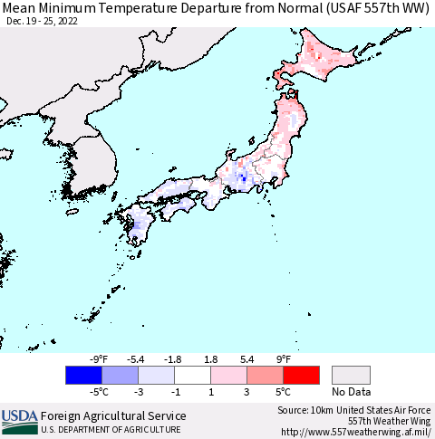 Japan Mean Minimum Temperature Departure from Normal (USAF 557th WW) Thematic Map For 12/19/2022 - 12/25/2022