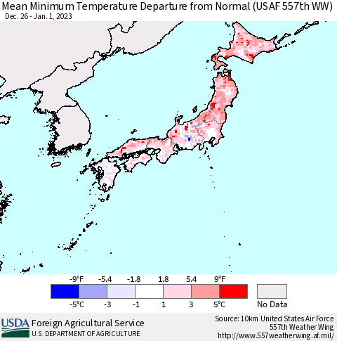 Japan Mean Minimum Temperature Departure from Normal (USAF 557th WW) Thematic Map For 12/26/2022 - 1/1/2023