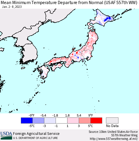 Japan Mean Minimum Temperature Departure from Normal (USAF 557th WW) Thematic Map For 1/2/2023 - 1/8/2023