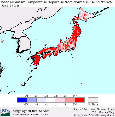 Japan Mean Minimum Temperature Departure from Normal (USAF 557th WW) Thematic Map For 1/9/2023 - 1/15/2023