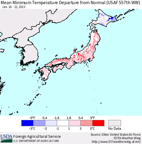 Japan Mean Minimum Temperature Departure from Normal (USAF 557th WW) Thematic Map For 1/16/2023 - 1/22/2023
