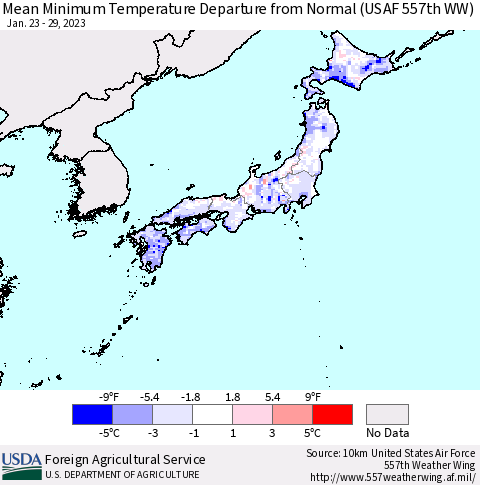 Japan Mean Minimum Temperature Departure from Normal (USAF 557th WW) Thematic Map For 1/23/2023 - 1/29/2023