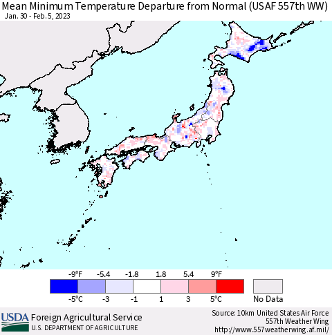 Japan Mean Minimum Temperature Departure from Normal (USAF 557th WW) Thematic Map For 1/30/2023 - 2/5/2023