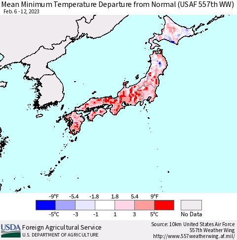 Japan Mean Minimum Temperature Departure from Normal (USAF 557th WW) Thematic Map For 2/6/2023 - 2/12/2023