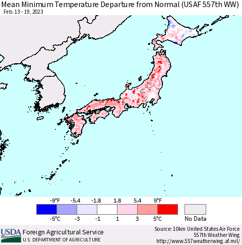 Japan Mean Minimum Temperature Departure from Normal (USAF 557th WW) Thematic Map For 2/13/2023 - 2/19/2023