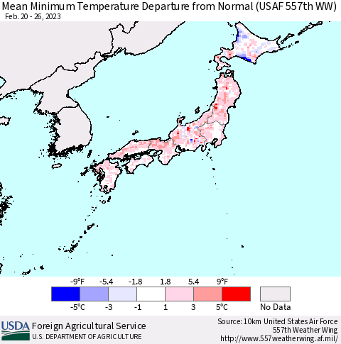 Japan Mean Minimum Temperature Departure from Normal (USAF 557th WW) Thematic Map For 2/20/2023 - 2/26/2023
